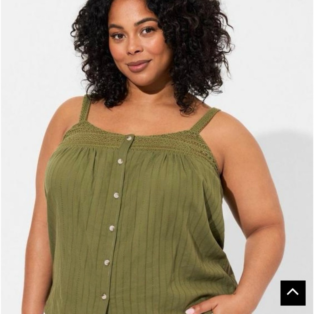 Torrid NWT Plus Size Cotton Button Up Crochet Tank, Olive, Size 1X
